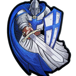 Christian Blue And Silver Crusader Knight With Sword Embroidered Patch, Two sizes