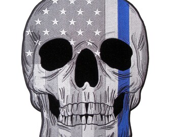 Subdued Grey American Flag Skull With Thin Blue Line Embroidered Biker Patch, Two sizes