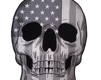 Subdued Grey American Flag Skull Embroidered Biker Patch, Two sizes