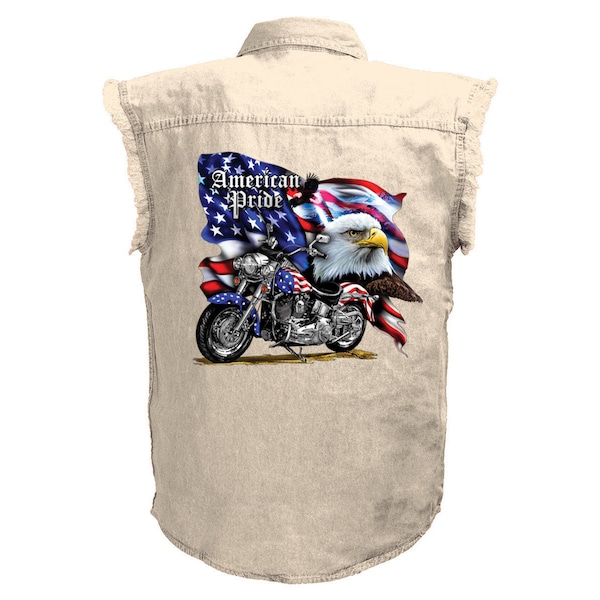Mens American Pride USA Flag Motorcycle Sleeveless Denim Biker Shirt Assorted Colors