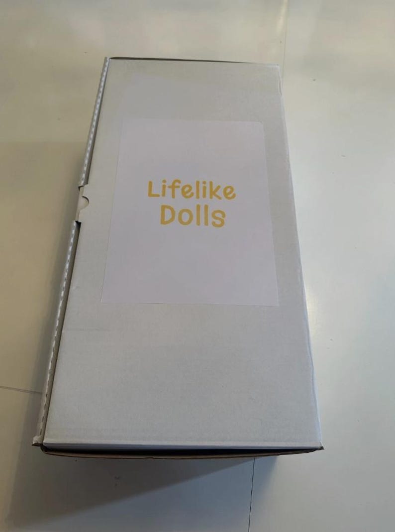 May include: A white cardboard box with the text "Lifelike Dolls" in yellow letters on a white label. The box is rectangular and appears to be sealed.