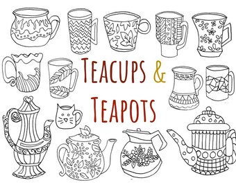 Doodle Tea Cups and Teapots Clipart, hand drawn teacups, hand drawn teapots, cup of tea clipart, doodle clip art, teacup, teapot, PNG format
