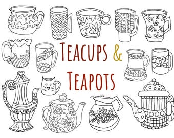 Doodle Tea Cups and Teapots Clipart, hand drawn teacups, hand drawn teapots, cup of tea clipart, doodle clip art, teacup, teapot, PNG format