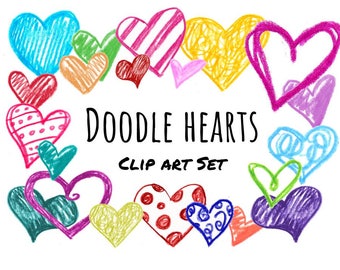 Colorful Doodle Hearts Clip Art, hand drawn heart clipart, doodle clip art, hand drawn colorful hearts, editable PNG clipart, Valentines Day