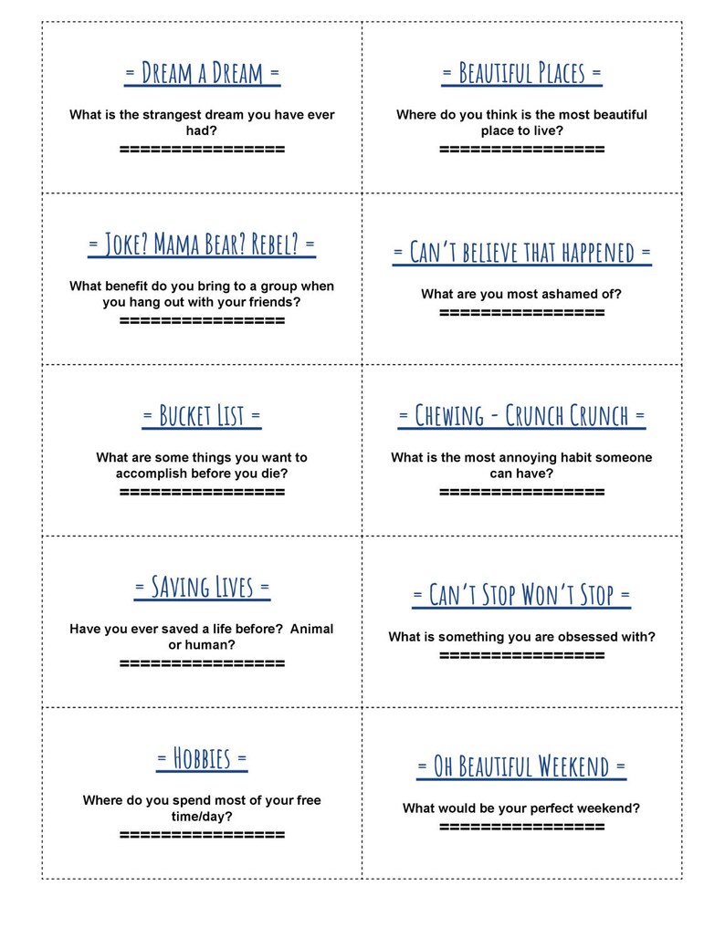 100 Conversation Starter Questions Printable Cards Fun Etsy UK