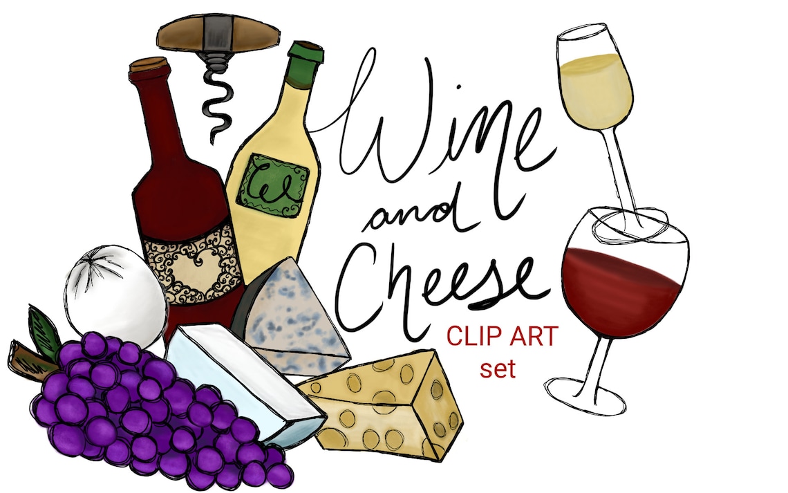 Wine and Cheese Clip Art Set, Hand Drawn Clip Art, Cheese Clipart