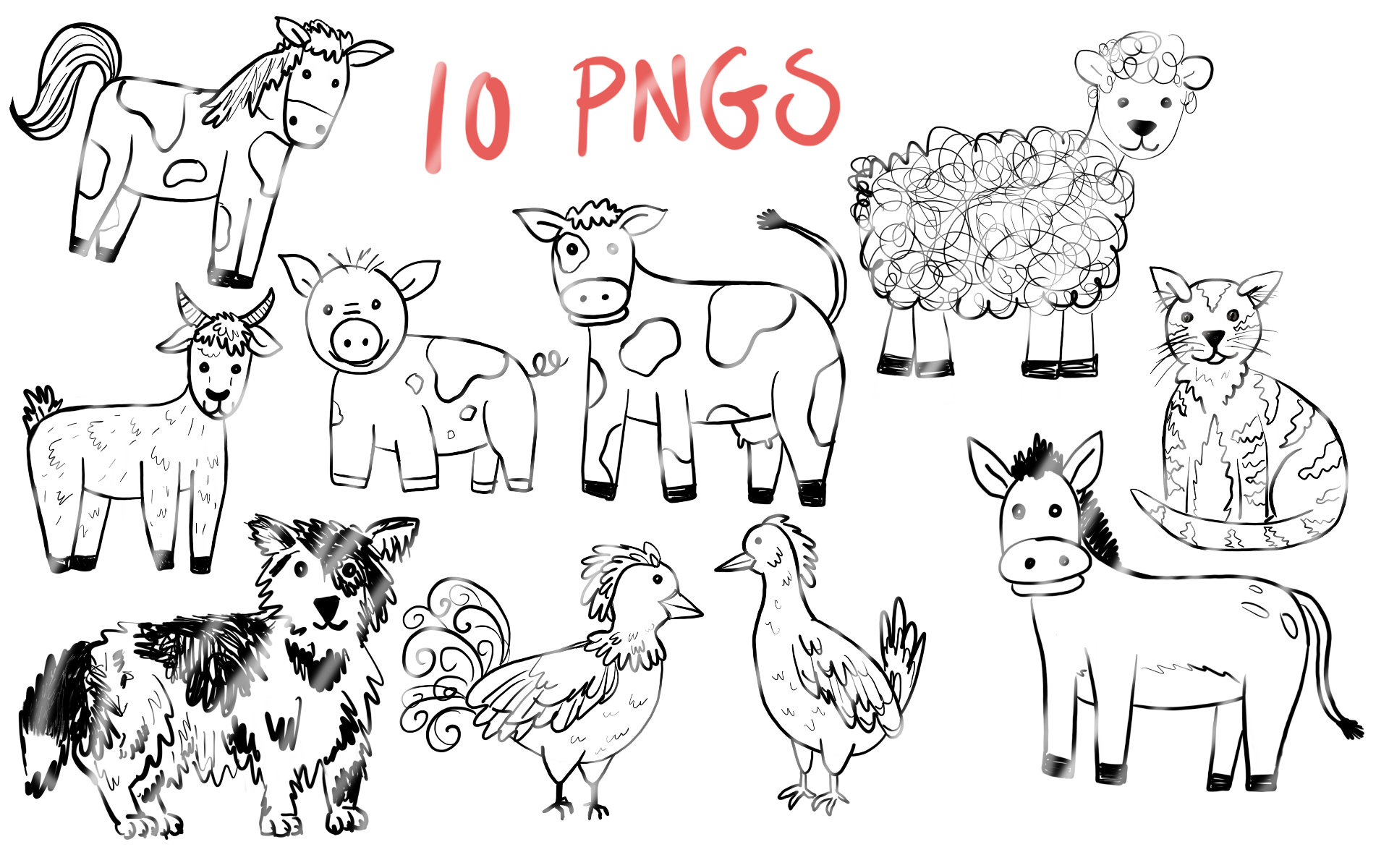 Hand Drawn Farm Animals Black and White Farm Animal Clip Art | Etsy