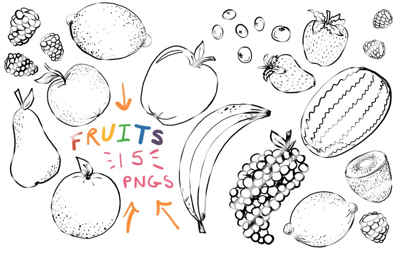 Black and White Fruit and Vegetable Clip Art Hand drawn fruit | Etsy