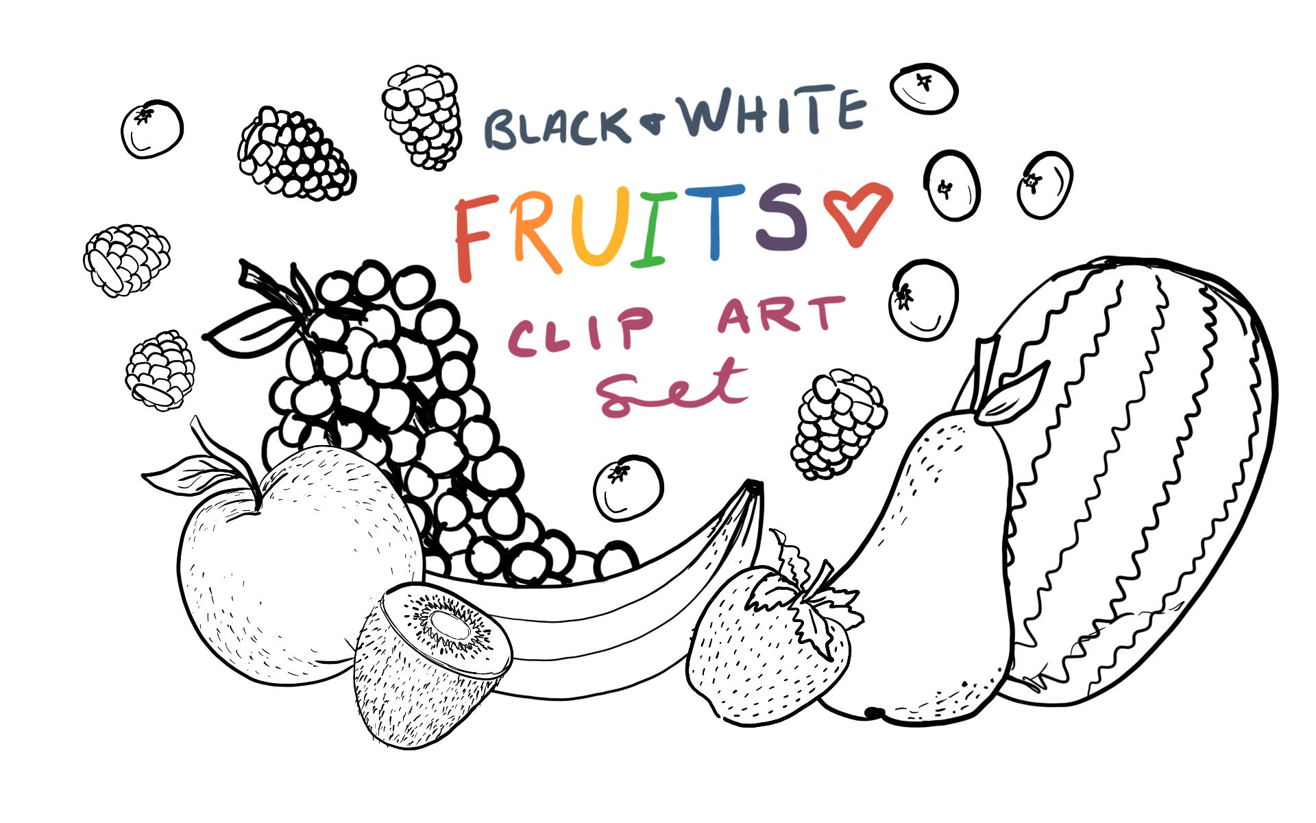 Black and White Fruit Clip Art, Hand Drawn Fruit Clipart, Commerical