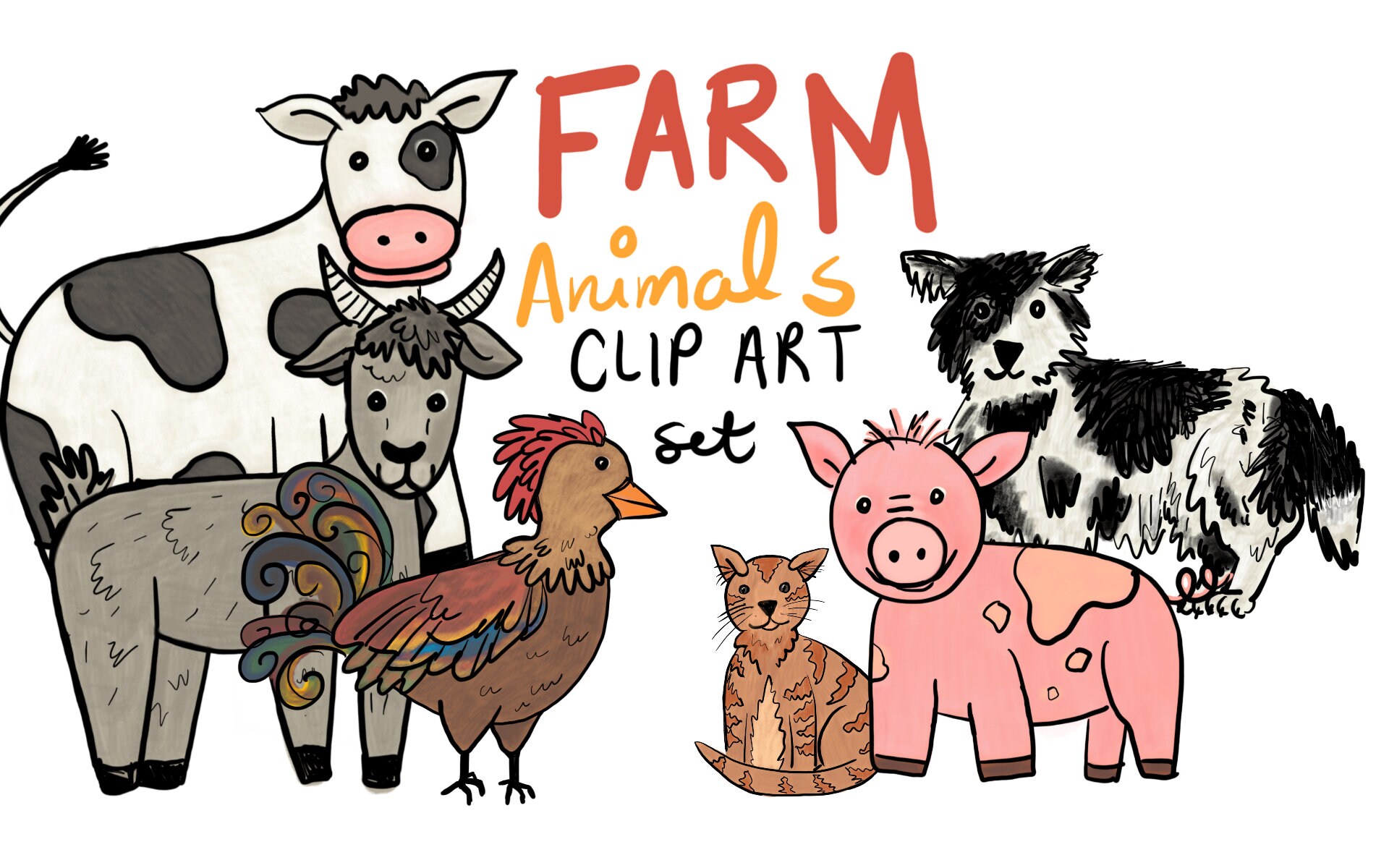 Farm Animals Clip Art hand drawn farm animals animal clip | Etsy