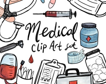 Medical Clip Art Bundle - line work medical clip art - colored medical clip art - doctor clip art - hand drawn clipart - commercial use