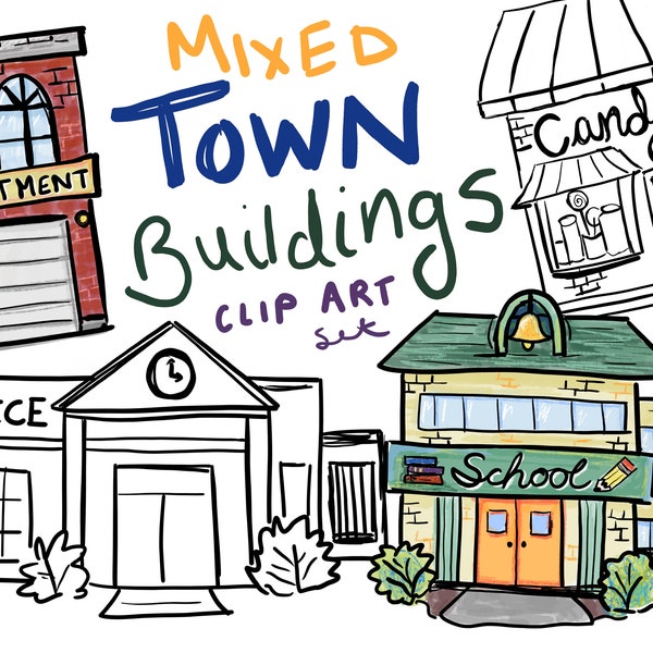 Town Buildings Clip Art - Imágenes prediseñadas de la ciudad de uso comercial - imágenes prediseñadas educativas- no se necesita licencia - imágenes prediseñadas de edificios comunitarios