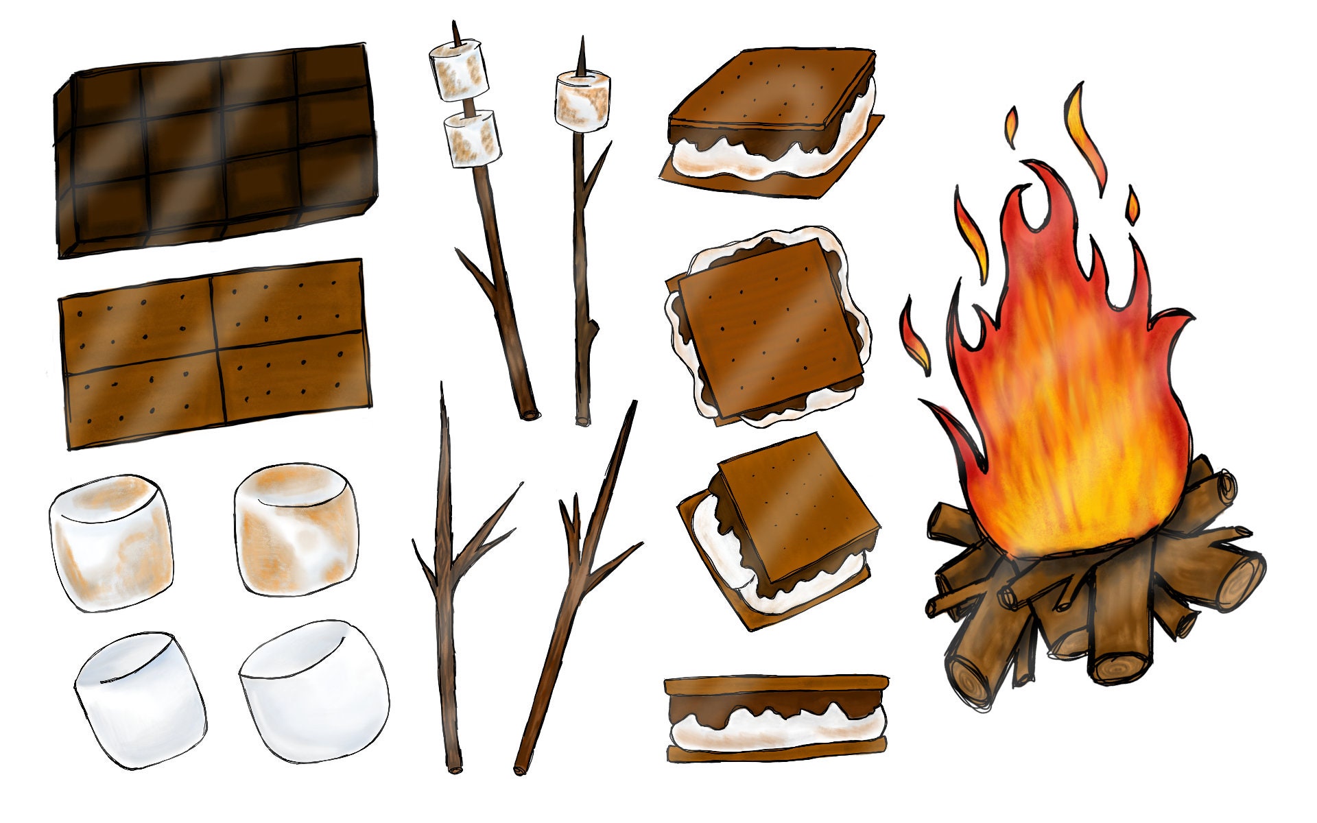 Hand Drawn S'mores Clip Art Set Digitally Drawn Clip Art Etsy