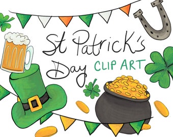 St. Patricks Clip art, beer clip art, st patricks day, hand drawn clipart, pot of gold clipart, commercial license, PNG format clipart