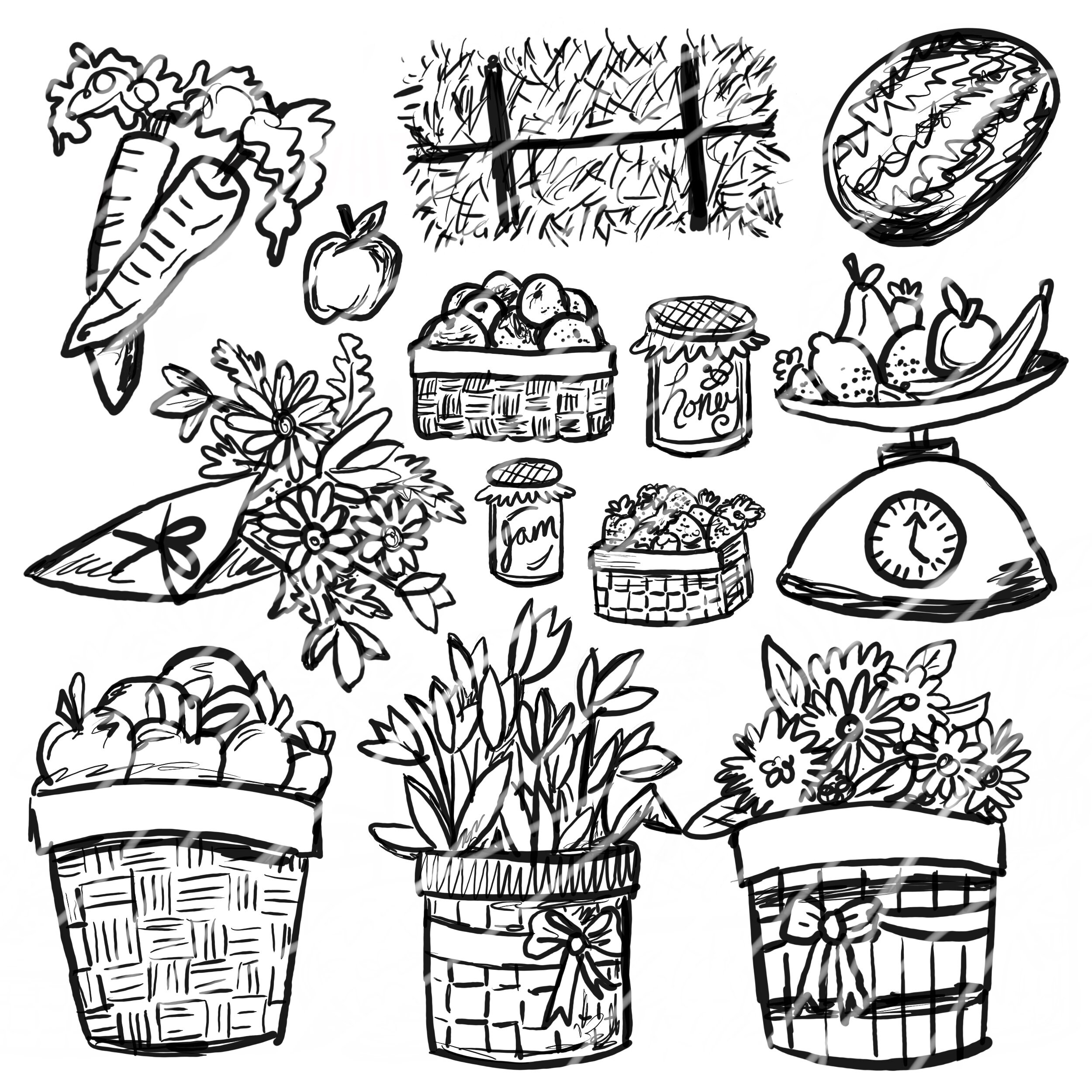 Black and White Farmer's Market Clip Art Hand Drawn Clip Etsy