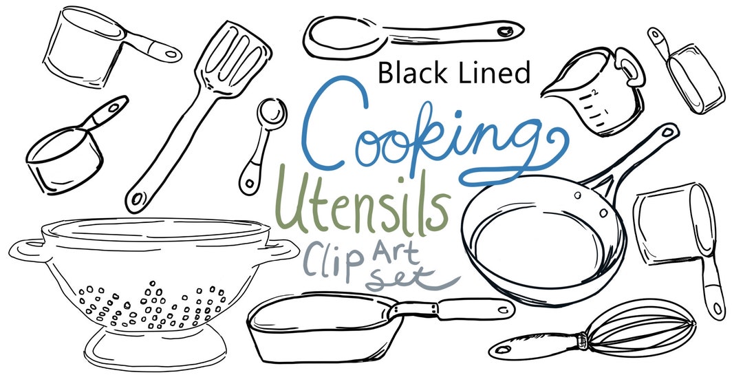 Kitchen Tools Ink Clipart Set Cooking Utensils Line Drawings, Hi