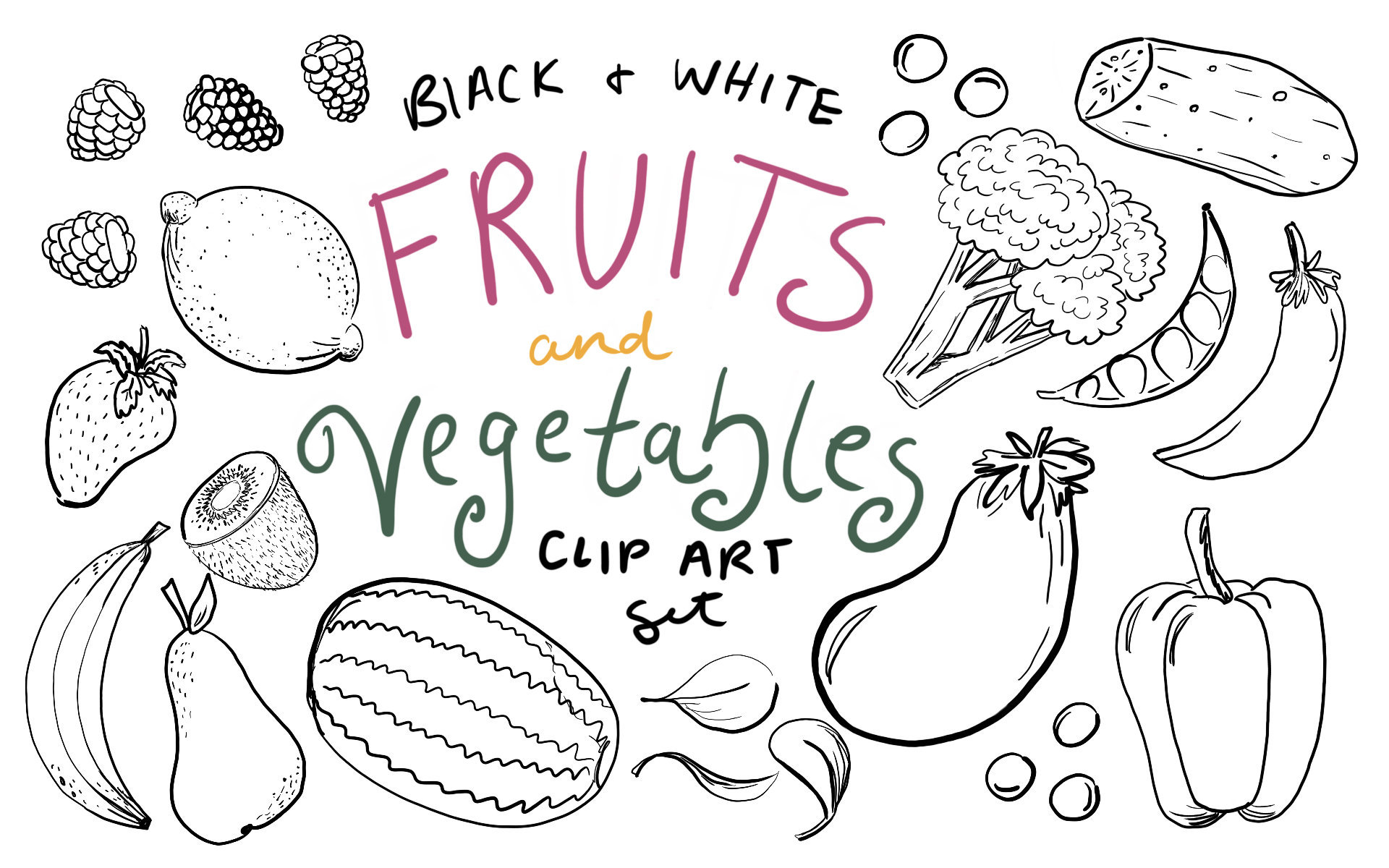 Black and White Fruit and Vegetable Clip Art Hand Drawn Fruit Etsy Israel