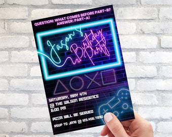 EDITABLE Neon Gamer Birthday Invite Template