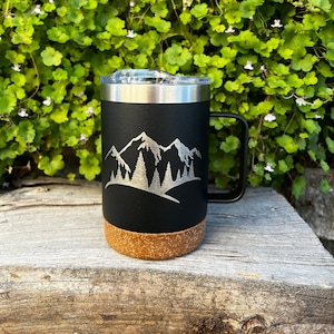 Insulated Cork Bottom Coffee Mug Mountains and Trees Etched 16 OZ