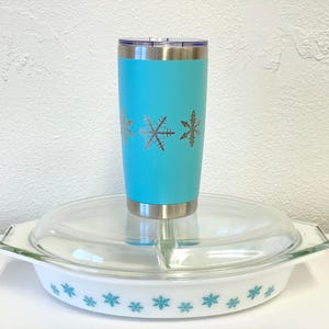 Pyrex Snowflake Inspired 20 OZ insulated Tumbler with Lid and Option to Personalize