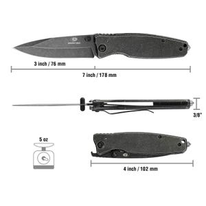 May include: A black folding pocket knife with a 3 inch blade and a 7 inch overall length. The knife weighs 5 ounces and has a 3/8 inch thick handle.