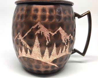 Mountain Moscow Mule Mug / Snow Capped Mountains / Valentines Gift / Copper Mug / Evergreen Trees / Gifts for Him / Gifts for Her /Outdoors