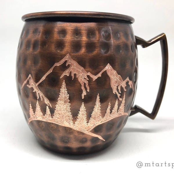 Mountain Moscow Mule Mug / Snow Capped Mountains / Valentines Gift / Copper Mug / Evergreen Trees / Gifts for Him / Gifts for Her /Outdoors