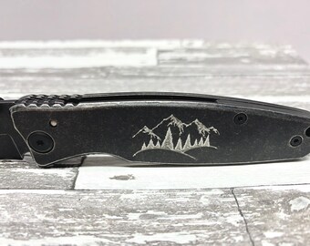 Engraved Mountain Folding Knife: Stainless Steel Outdoorsman Gift