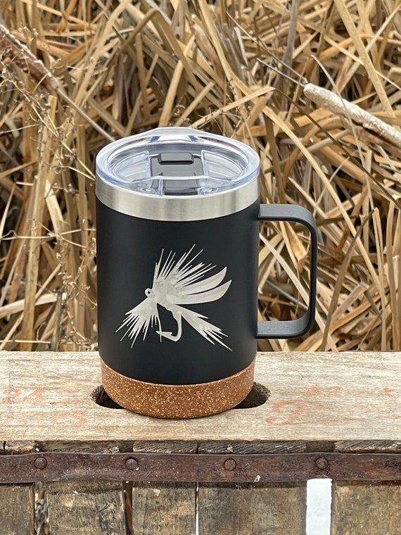 Insulated Cork Bottom Coffee Mug Fly Fishing Fly Design Etched 16 OZ Option  to Personalize BLACK 