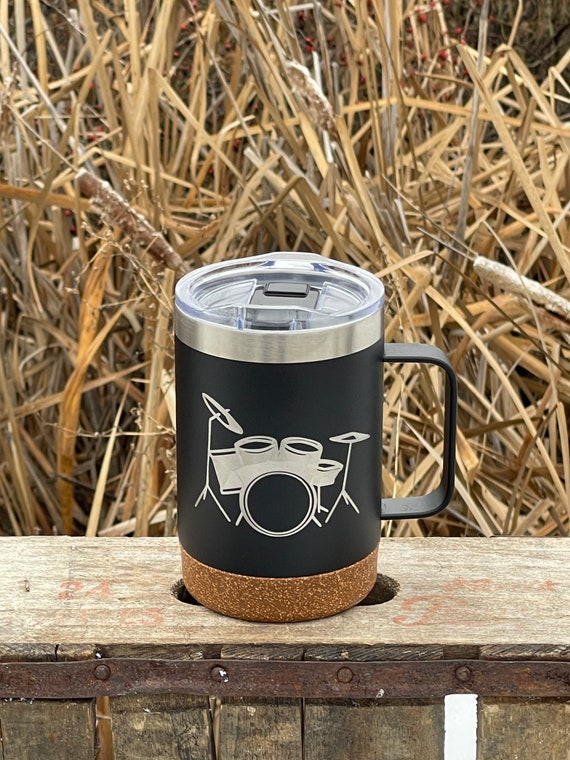 Cork Bottom Insulated Travel Mug Personalized / Engraved Stainless Steel Mug  With Handle and Lid 