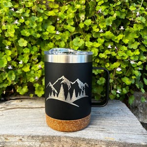 Insulated Cork Bottom Coffee Mug - Mountains and trees etched 16 OZ - Option to Personalize - BLACK