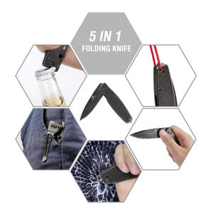 May include: A black folding knife with a variety of functions, including a bottle opener, a glass breaker, and a belt cutter. The knife is shown in different positions, demonstrating its versatility. The text "5 IN 1 FOLDING KNIFE" is displayed on the image.