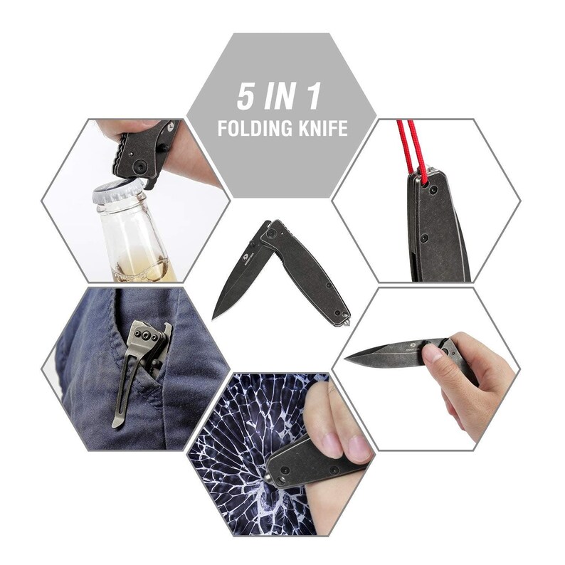 May include: A black folding knife with a variety of functions, including a bottle opener, a glass breaker, and a belt cutter. The knife is shown in different positions, demonstrating its versatility. The text "5 IN 1 FOLDING KNIFE" is displayed on the image.