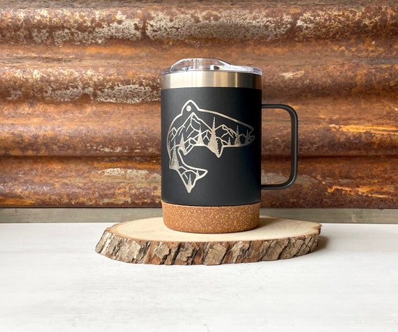 Insulated Cork Bottom Coffee Mug Fish With Mountains and Trees Etched 16 OZ  Option to Personalize BLACK 