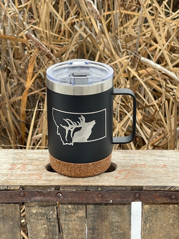 Insulated Cork Bottom Coffee Mug Elk in Montana State Etched 16 OZ