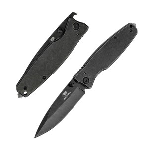 May include: A black folding knife with a black handle and a partially open blade. The blade has the words "Mossy Oak" engraved on it.