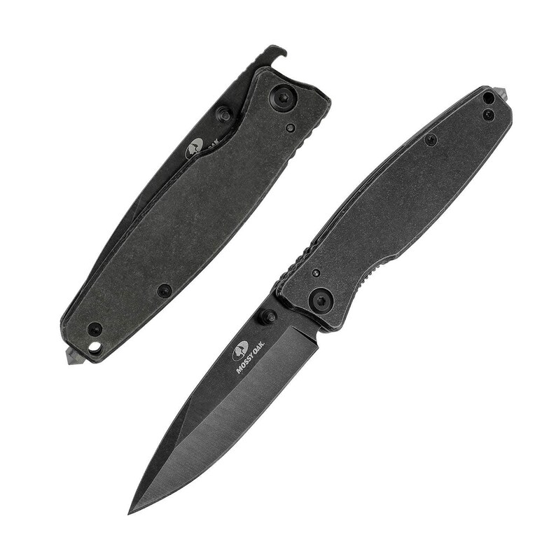 May include: A black folding knife with a black handle and a partially open blade. The blade has the words "Mossy Oak" engraved on it.