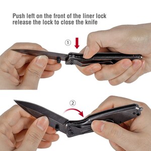 May include: Close-up of a black folding knife with a liner lock. The image shows how to release the lock to close the knife. Push left on the front of the liner lock to release the lock and close the knife.