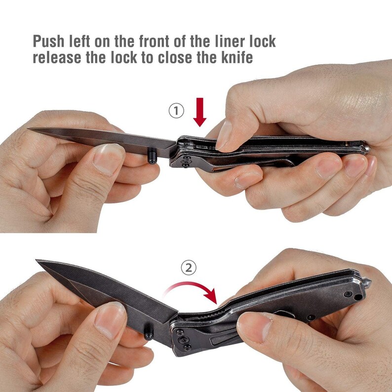 May include: Close-up of a black folding knife with a liner lock. The image shows how to release the lock to close the knife. Push left on the front of the liner lock to release the lock and close the knife.
