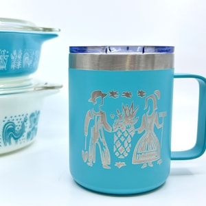 Pyrex Amish Butterprint Inspired 12 OZ insulated coffee mug cup with handle and lid - Option to Personalize - Pyrex dishes not included