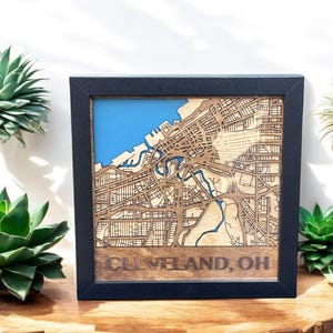 Laser Cut Cleveland Ohio Map Art: Framed Wood Cityscape Decor