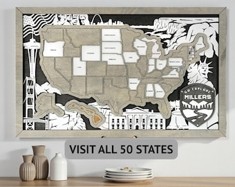 Mapa de viaje de EE. UU., rastreador de viaje de madera de los 50 estados, mapa para viajes familiares por carretera, mapa de estados visitados, regalo de viaje personalizado