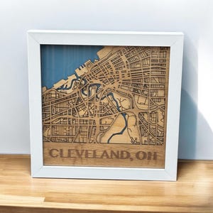 Laser Cut Cleveland Ohio Map Art: Framed Wood Cityscape Decor