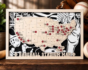 Baseball Stadium Map, Personalized Ballpark Travel Tracker, Wooden Map Gift for Him, Baseball Bucket List Sign for Dad Boyfriend