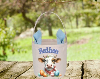 EASTER BASKET Personalized Cow Basket, Easter Basket for Kids, Easter Bunny Gifts, Easter Gift for Kids, Personalized Gift for Kids Easter