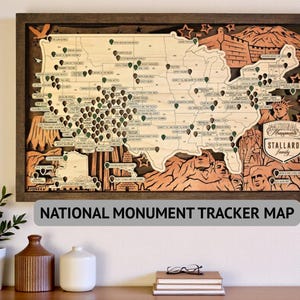 Mapa personalizado para rastrear monumentos nacionales, grabado en madera, regalo de viaje de EE. UU.