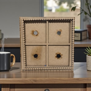 May include: A wooden, four-compartment box with a decorative scalloped frame. Each compartment has a circular hole. A black mug with a wooden handle sits to the left, with steam rising. A small potted succulent is on the right.