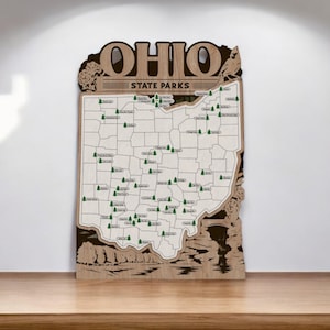 Parques estatales de Ohio, mapa de Ohio, regalo para amantes de la naturaleza, regalo para el Día del Padre para el esposo, arte mural de Ohio, regalos personalizados para él, regalos para senderismo
