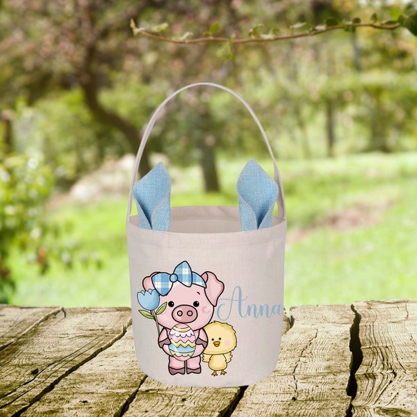 EASTER BASKET  Personalized Easter Basket, Easter Basket for Kids, Baby's First Easter, Easter Gifts for Kids, Cute Pig,  Easter Basket