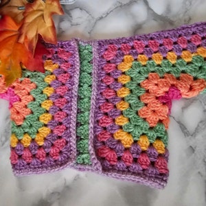 Handmade Crochet Doll Sweater for 18 Inch Doll Customizable Colors,   this is color love! color in color love are  pink, peach,  green, yellow, purple, pink,purple